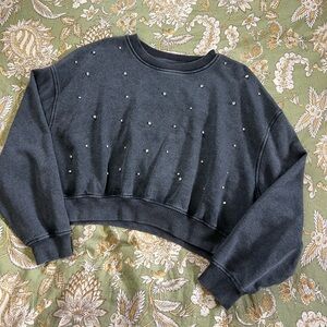 Lazy Sunday Charcoal Embellished Cropped Sweatshirt